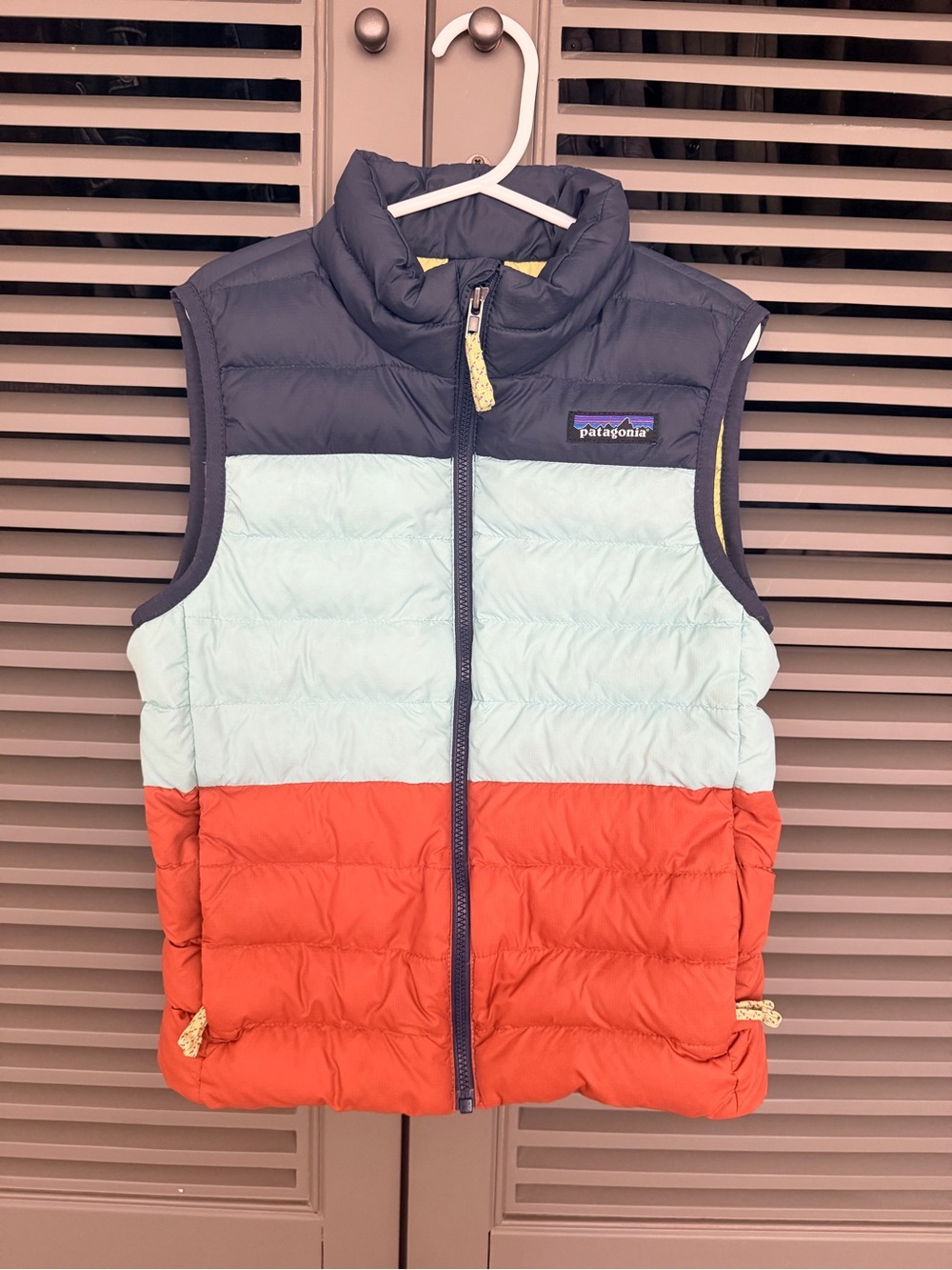 Patagonia Down Sweater Vest Navy, Light Blue & Orange Colorblock Puffer Vest